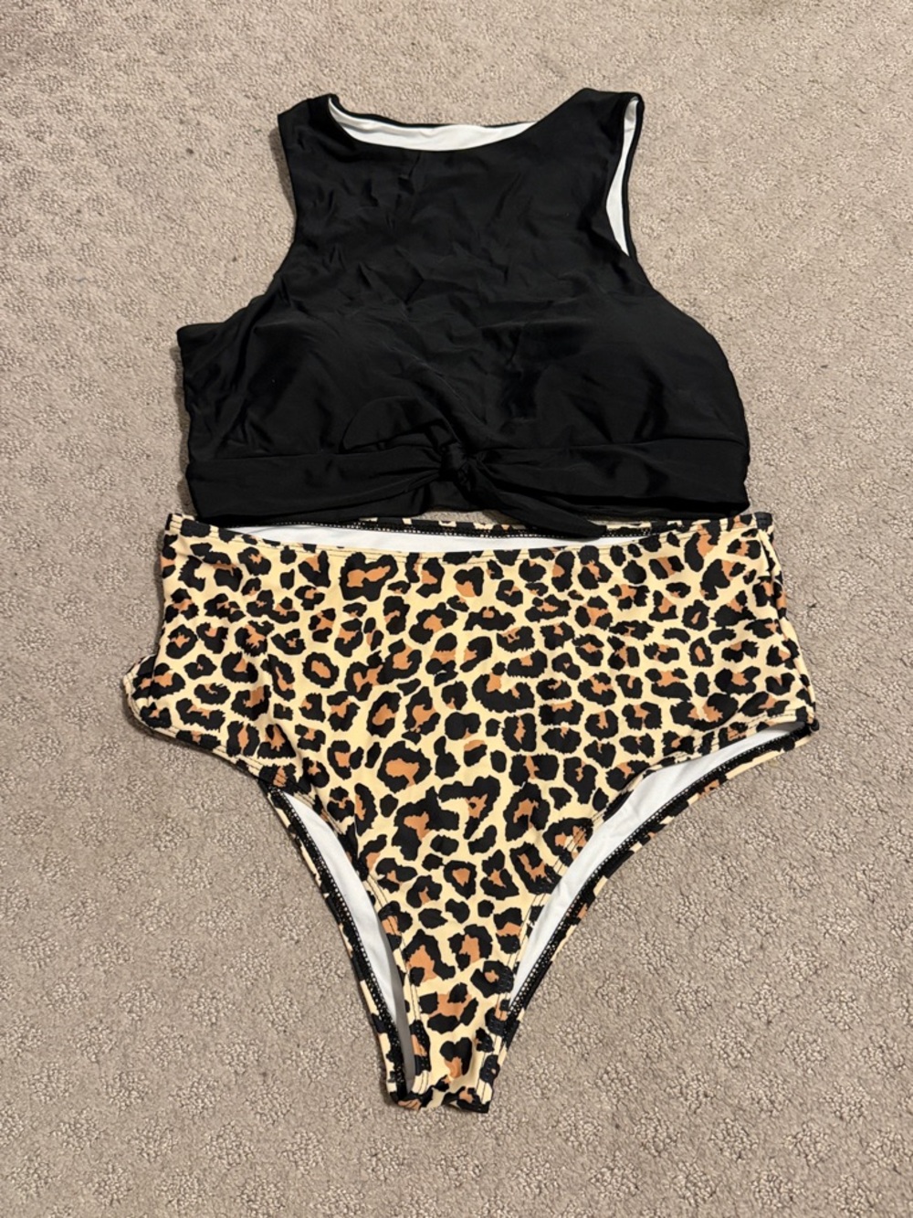 Black Cropped Tank Bikini Top with Leopard High-Waist Bottoms